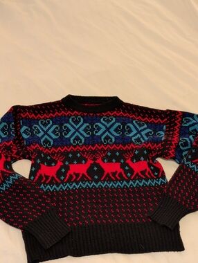 Women's Black Fair Isle Reindeer Sweater - Red & Blue Pattern